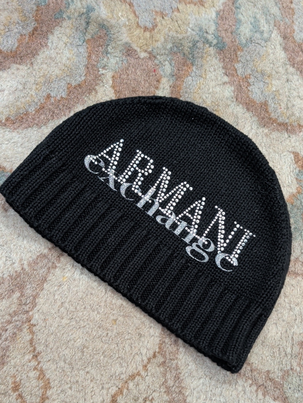 Armani Exchange Black Beanie with Silver Rhinestone Logo Skull Cap